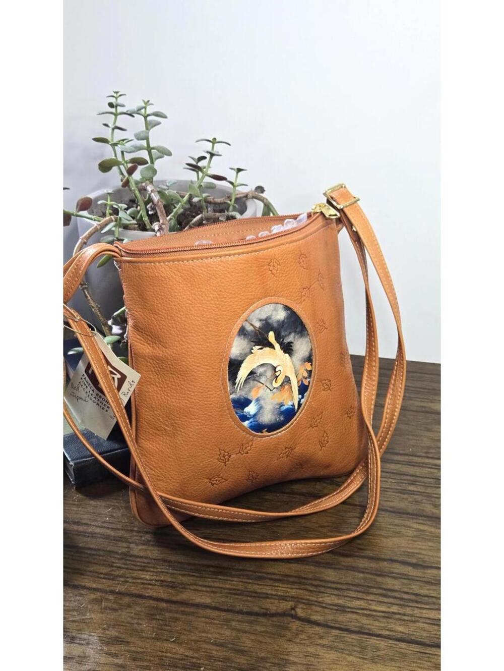 Handmade Brown Orange Purse with Artwork of a Crane Inlay, Pam Bronk